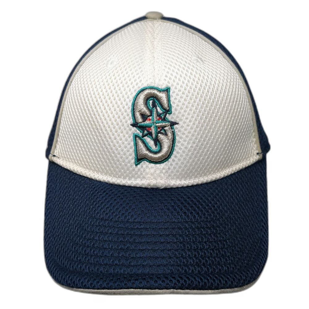 New Era Seattle Mariners MLB Blue White L Baseball Cap Hat Mesh Stretch Fitted